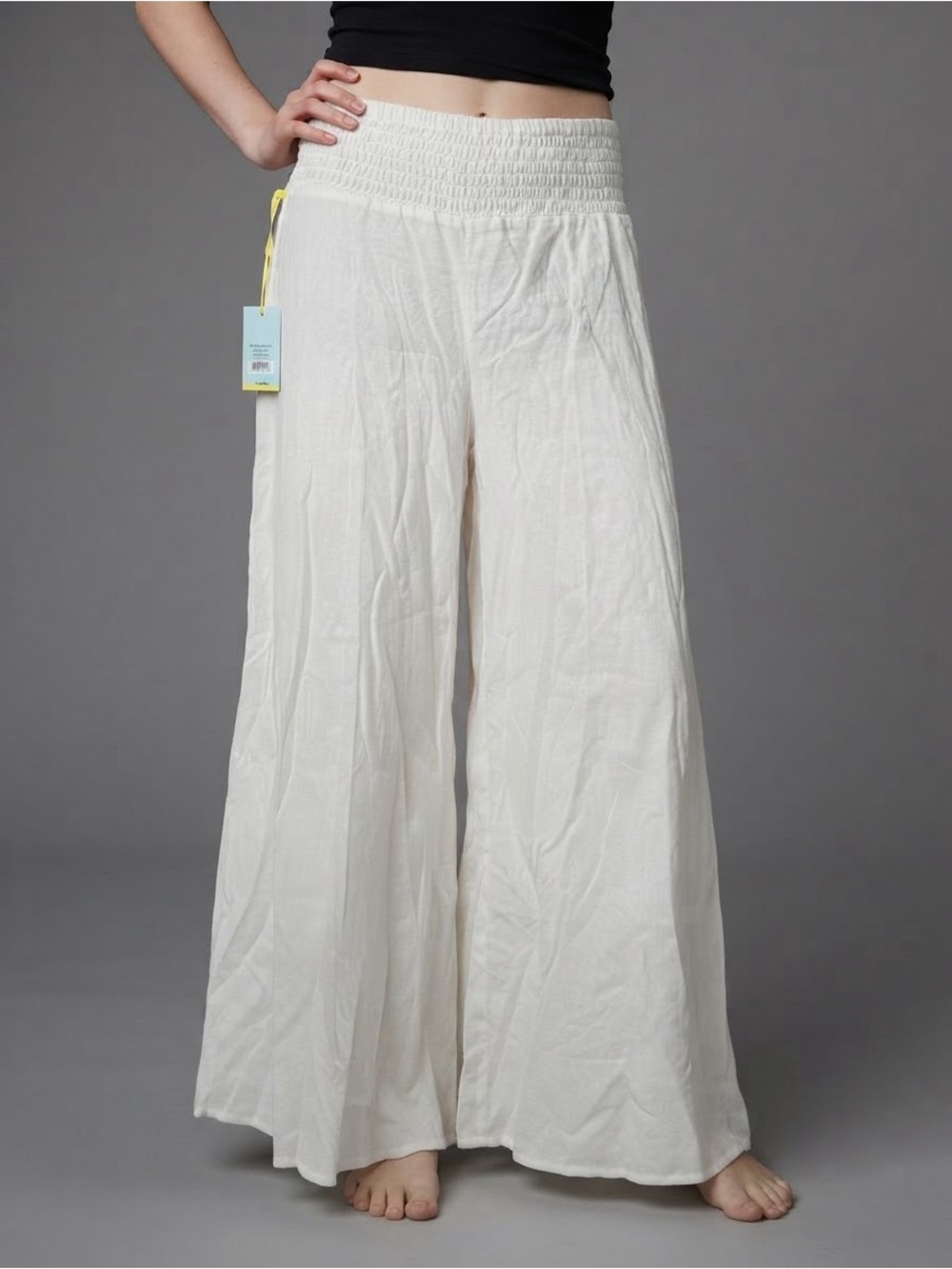 CeCe Women's White Linen Rayon Smocked High Waist Wide Leg Palazzo Pants Size S